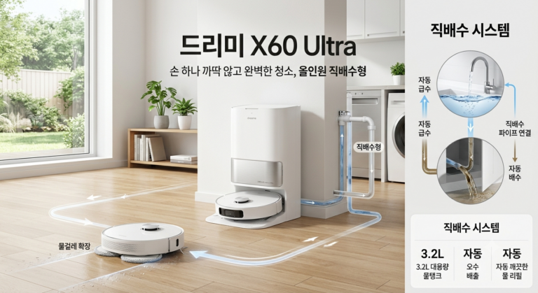 드리미 X60 시리즈 올인원 로봇청소기 직배수형, 화이트