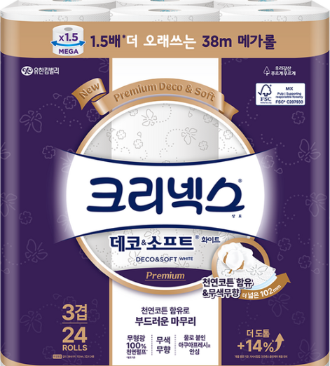 크리넥스 데코 앤 소프트 화장지 3겹, 38m, 24개입, 1개